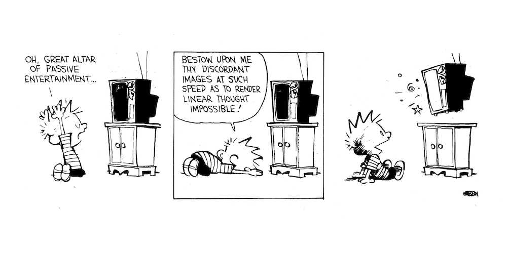 Calvin and Hobbes comic strip where Calvin prays to the television as a 'alter of passive entertainment'.