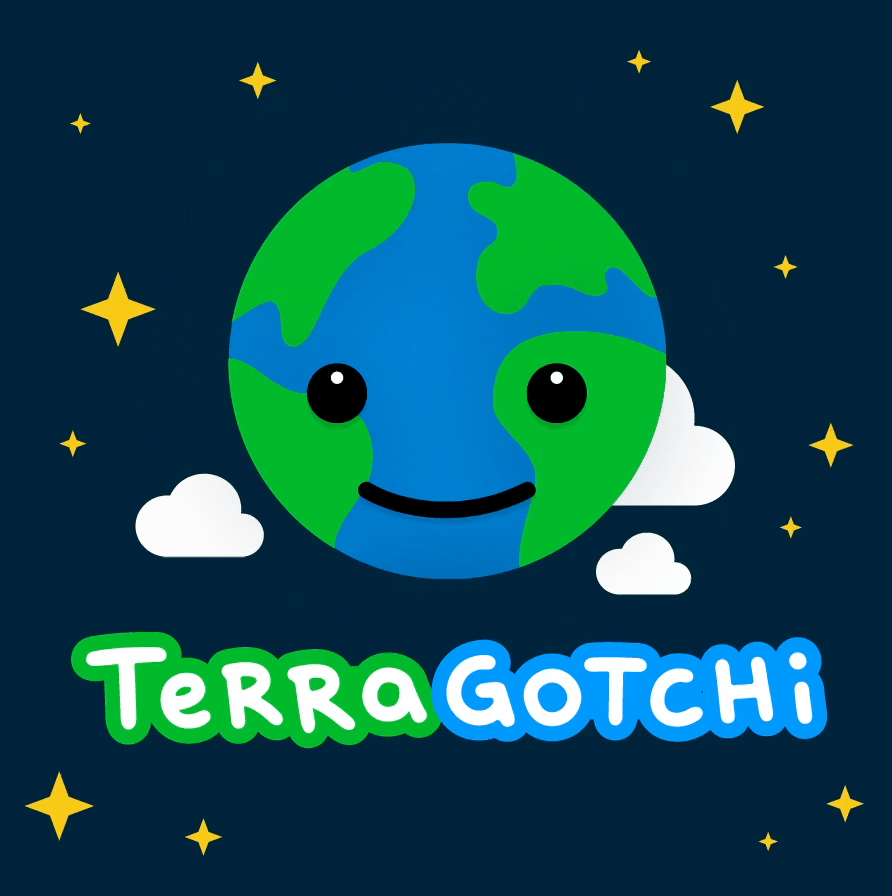 Terragotchi pet earth bobbing above Terragotchi logo
