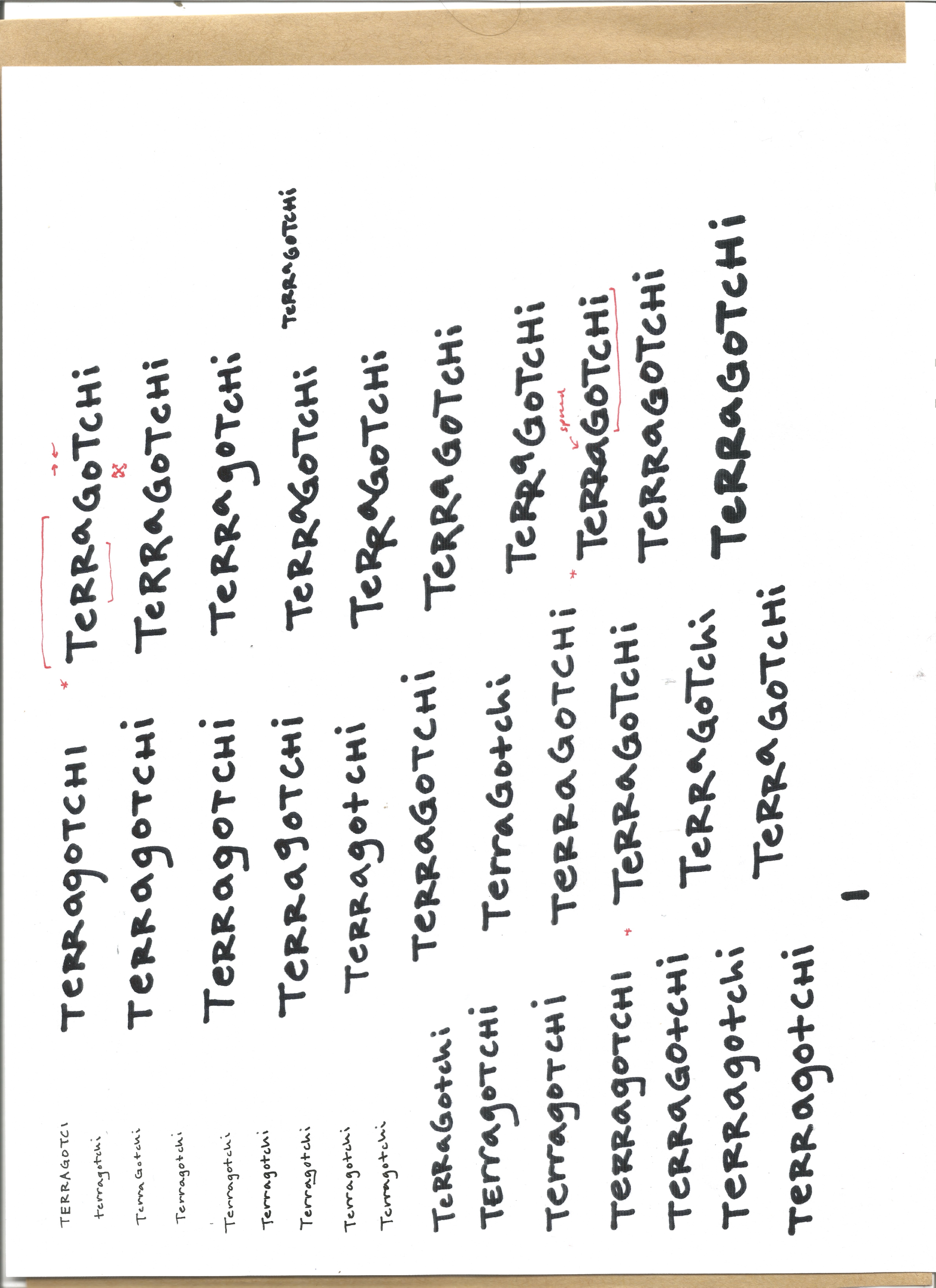 Various early iterations of the Terragotchi logo font.